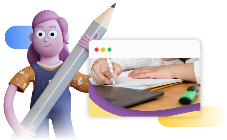 Greta, mascote da Gentrop, segurando um lápis ao lado de uma janela de navegador flutuando contendo a imagem de uma criança estudando com o auxílio de um notebook.