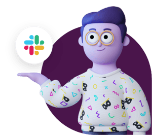 Greg, mascote da gentrop, estendendo a mão para o ícone do slack flutuando em um círculo.